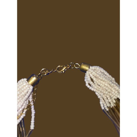 Multi Strand Necklace White Seed Beads Gold Tone Adjustable Statement Bib - Picture 3 of 3